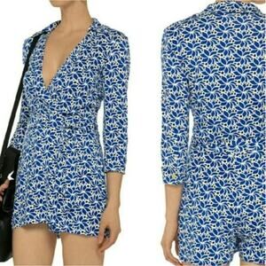 Diane Von Furstenberg Women's Celeste Printed Wrap Romper Blue White Size 4